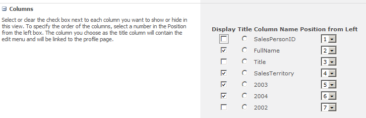 You can configure the columns to display and the column order within the Edit View options of a Business Data List Web Part.