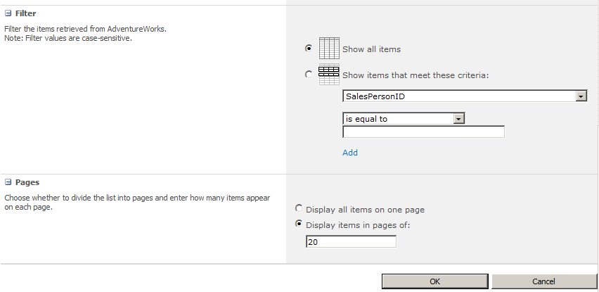 You can configure the filter and pagination options within the Edit View of the Business Data List Web Part.