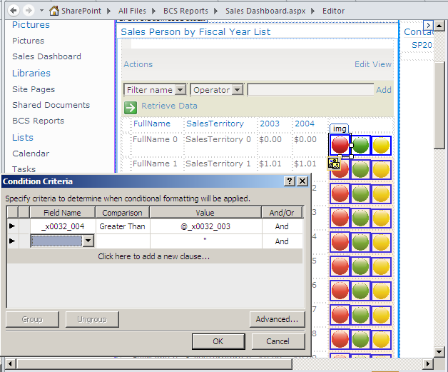 You can create KPIs using conditional formatting in SharePoint Designer 2010.