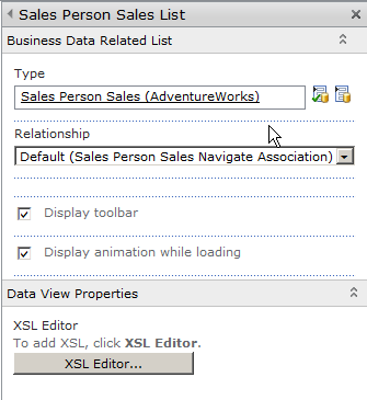 The properties of the Business Data Related List Web Part, with the Type and Relationship fields populated to display items from an ECT.