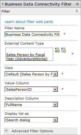 The Business Data Connectivity Filter Web Part properties are configured to pass the SalesPersonID to other consuming Web Parts on the same Web Part page.