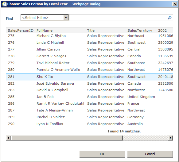 The Business Data Connectivity Filter Web Part search dialog box displays, allowing you to select items.