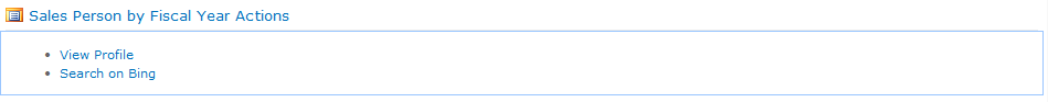 The configured Business Data Actions Web Part displays two actions: View Profile and Search on Bing.