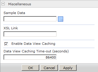 The Miscellaneous section of a Business Data List Web Part contains the Sample Data and Caching options.