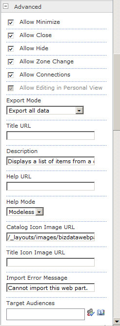 The Advanced section of a Web Part shows numerous properties.