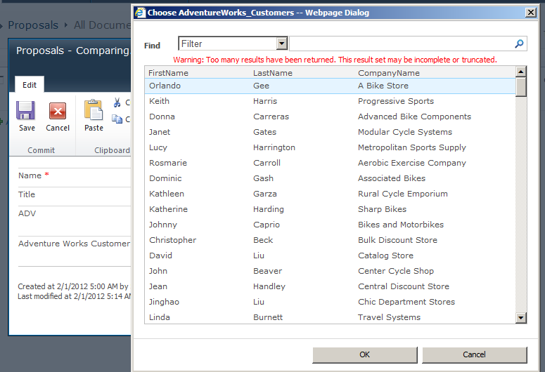 The BCS External Data Picker dialog box shows an error when too many items are returned.