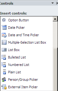 The External Item Picker appears in the InfoPath 2010 controls.