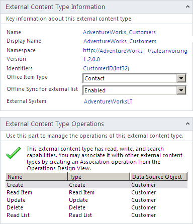 The External Content Type Information shown in SharePoint Designer provides information such as the namespace required by InfoPath.