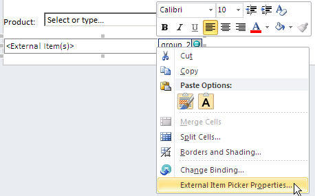 Select the External Item Picker Properties option from the External Item Picker control.