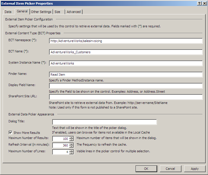 The External Item Picker control properties can be configured to retrieve external data from an ECT.