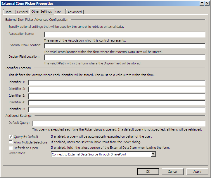 The External Item Picker Properties dialog box shows the contents of the Other Settings tab fields, such as Association Name.