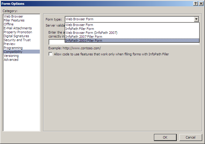 The Form Options dialog box shows the compatibility settings of the InfoPath 2010 form, and specifically, how the Form type can be changed.