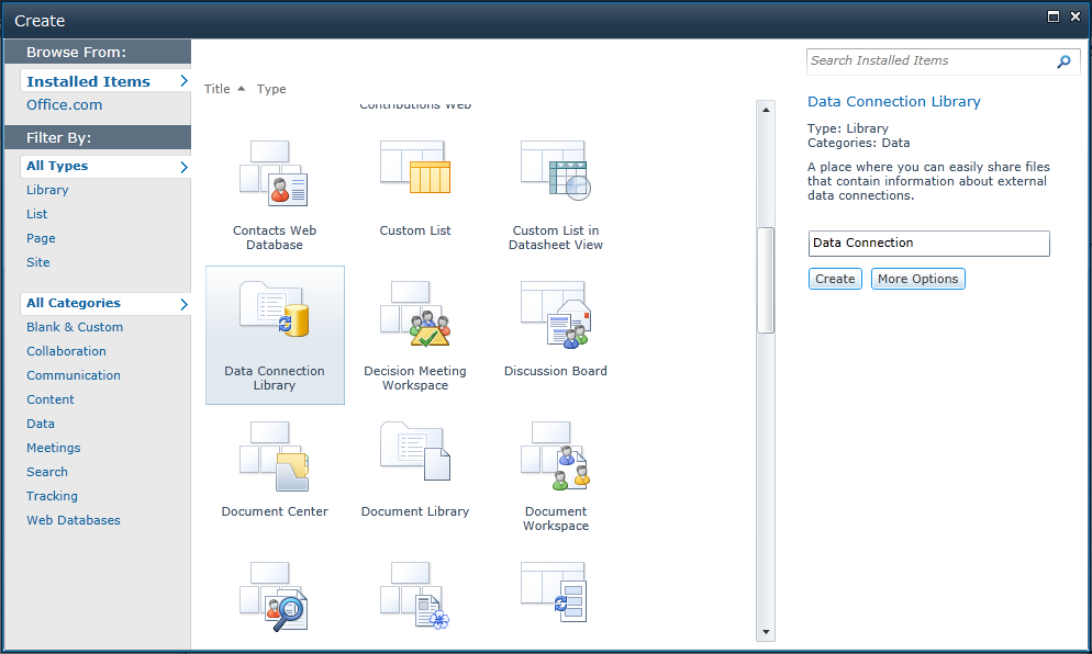 Choose the Data Connection Library template to create a Data Connection Library.