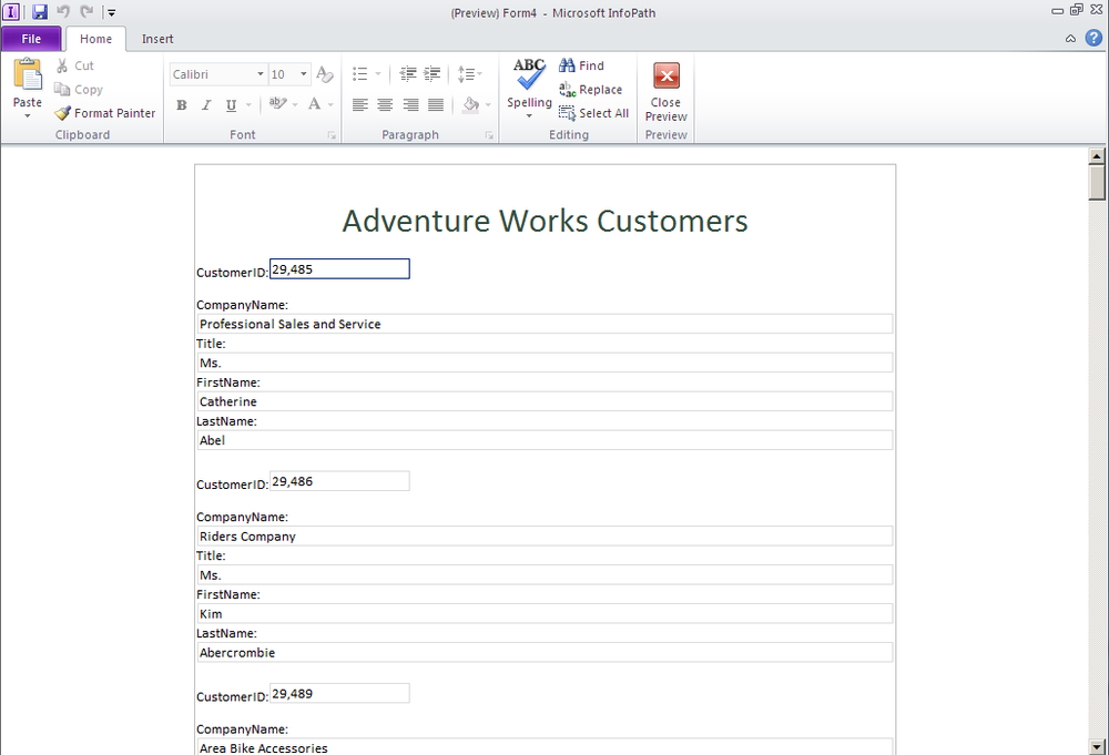 The external list data is displayed within an InfoPath 2010 client form.