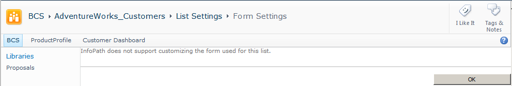 This error message appears when you try to modify an external list form.