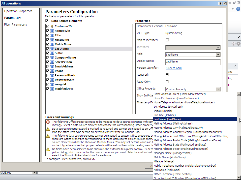 Configure the mapping in SharePoint Designer between external data columns and Office property columns to provide mapping to the Microsoft Outlook Business Card.