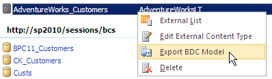 Export the ECT as a BDC model definition file so it can be imported into Access.