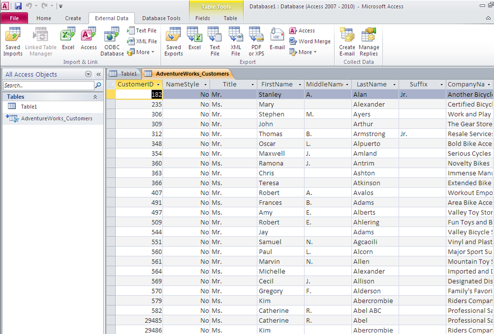 The linked table in Access 2010 is populated with data via BCS.