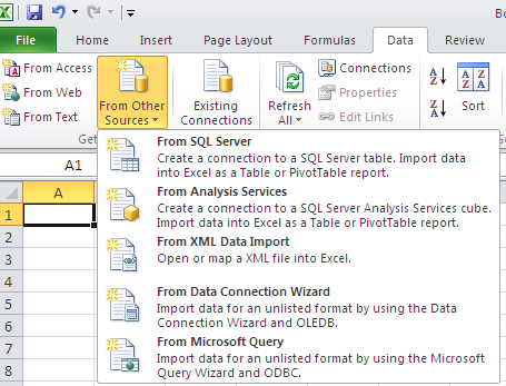 Excel 2010 offers external data connection choices.