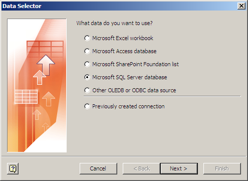 The Data Selector dialog box shows data connection choices in Visio 2010.