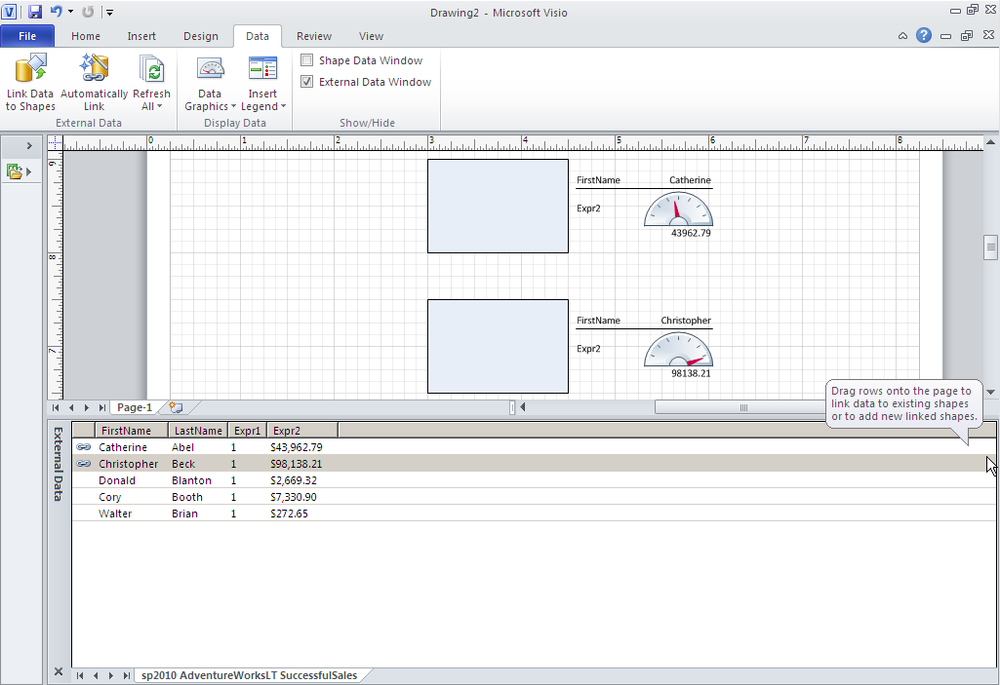 External data from the Adventure Works SQL database mapped within a Visio diagram provides diagrams with live data.