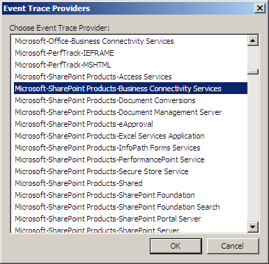 The BCS provider selected for performance monitoring within the Event Trace Providers window.