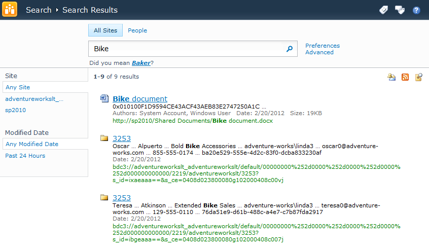 Search results display from the Adventure Works SQL database within the SharePoint Enterprise Search Center.