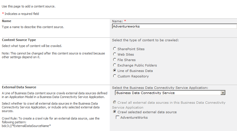 You can create a content source to crawl LoB data.