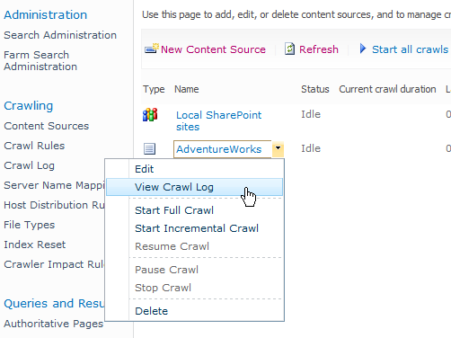 Use the drop-down list to start a full crawl on an external data content source.