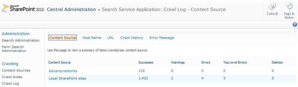 The Content Source page shows the items returned during a content source crawl.