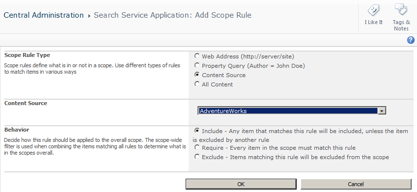 Configure the search rule for the search scope to map the content source and search scope together.