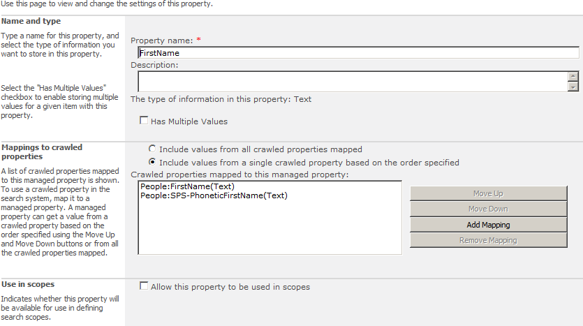 A FirstName managed metadata property is created on the Managed Metadata Property page.