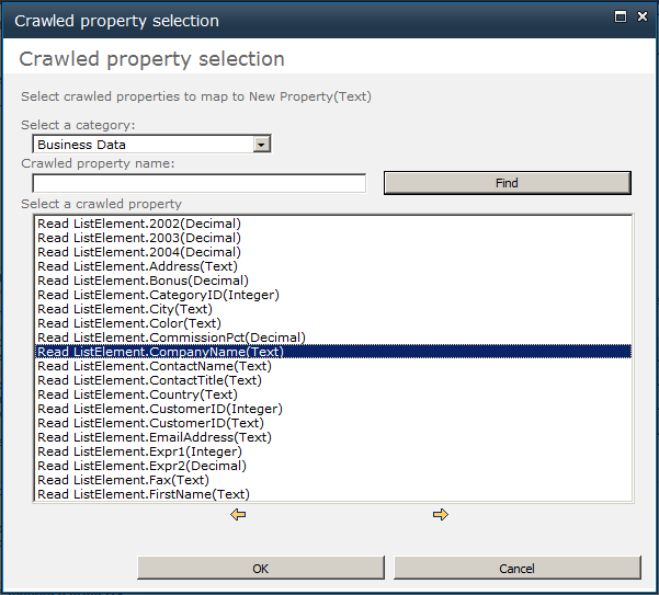 The Crawled Property Selection dialog box shows a selection of properties to be mapped to.