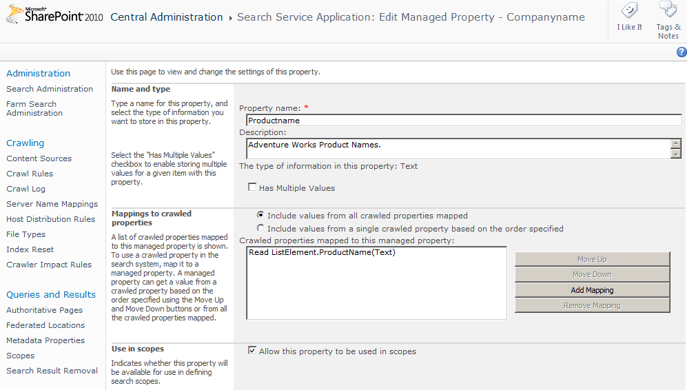 This configured managed property can now be used to refine searches.