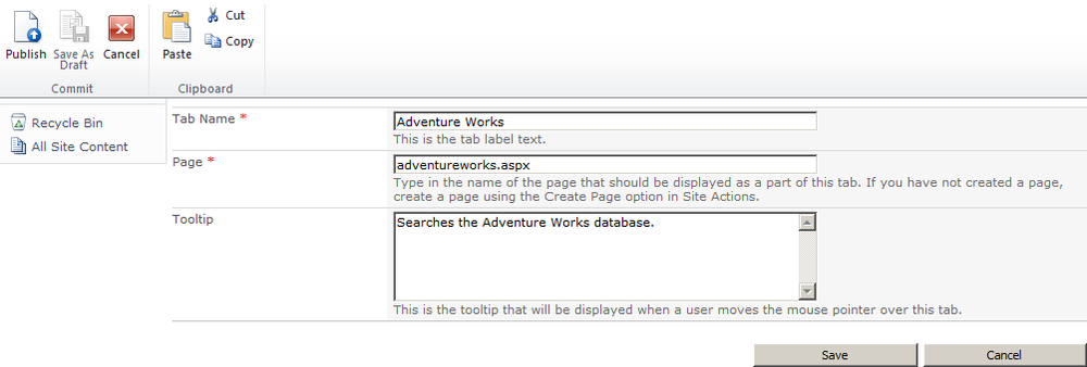 Create the Adventure Works tab in the search center. This tab will map to the new custom search results page.