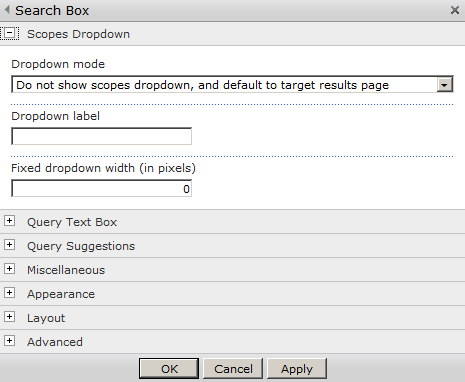 Set the Dropdown Mode property within the Search Box Web Part.