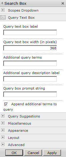 The numerous Query Text Box properties of the Search Box Web Part.