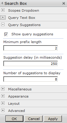 The Query Suggestions section of the Search Box Web Part contains default values.