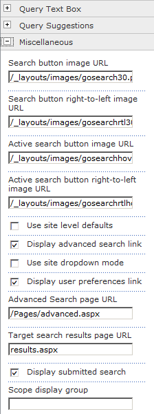 The Miscellaneous properties of the Search Box Web Part allow you to refine the behavior and configure the Web Part to display the results on the correct search page.