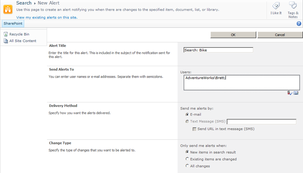 The New Alert configuration page allows you to configure alerts on search result changes.