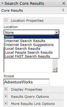 The Location Properties section of the Search Core Results Web Part, showing federated connectors.