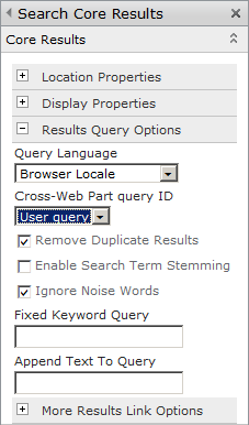 The Results Query Options section of the Search Core Results Web Part.