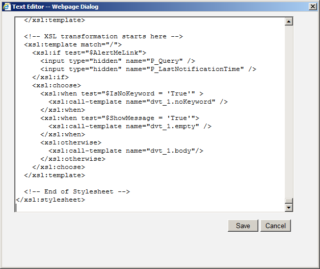 It is recommended that you use an editor other than the XSL Editor of the Search Core Results Web Part to make changes to the XSLT.