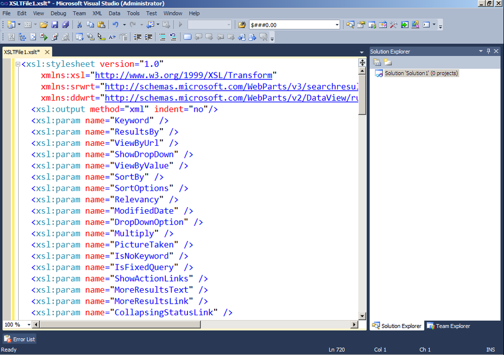 Visual Studio provides a good editing environment for the Search Core Results Web Part XSLT.