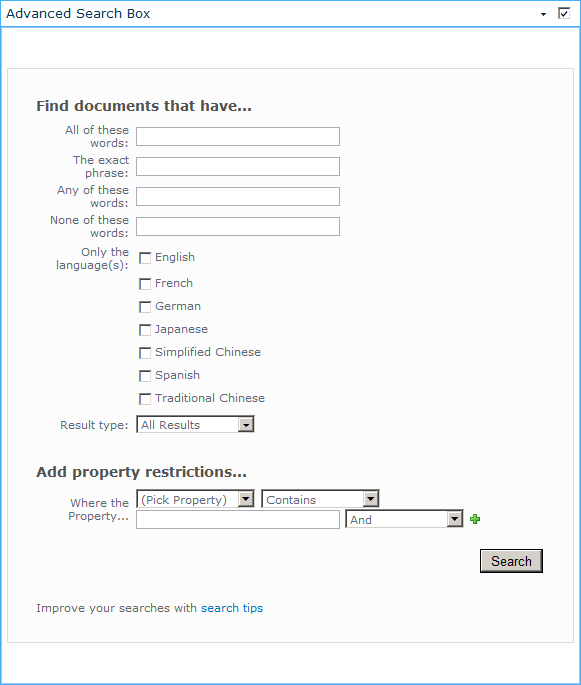 You can add the Advanced Search Box to the custom Advanced Search Web Part page.