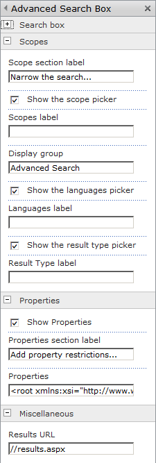 The Scopes and Properties sections of the Advanced Search Box Web Part.