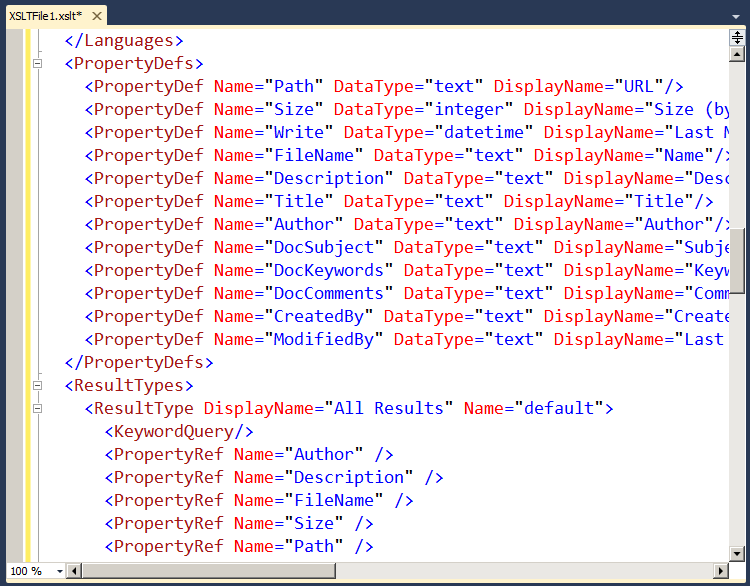 The default PropertyDefs and PropertyRefs before adding the custom managed property to the XSLT.