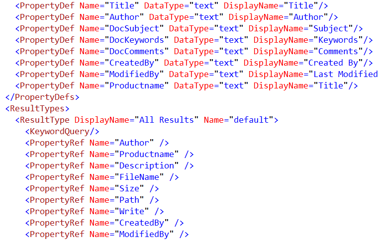 The completed modified XML to add a managed property allowing searches to be refined.