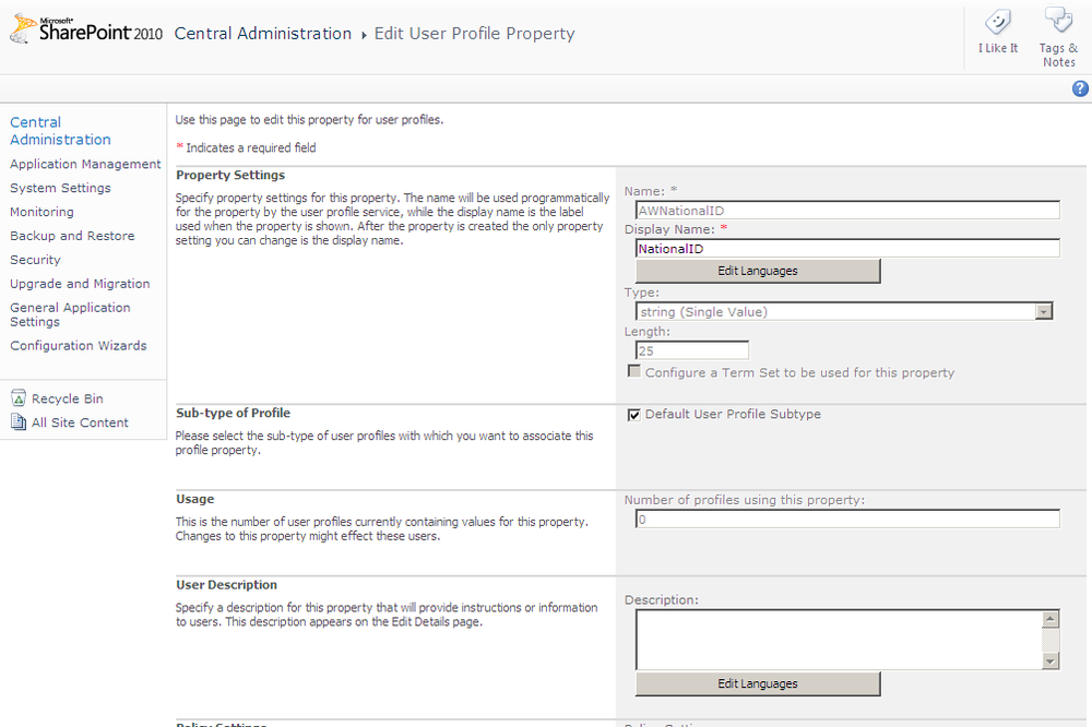 The newly created NationalID managed user property displays in the user profile.