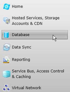 Click the Database button to create a SQL Azure database.